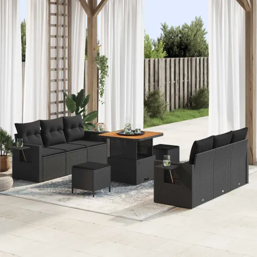 Conjunto de Sofá de Jardim com Almofada Manual   Preto (9 pcs)