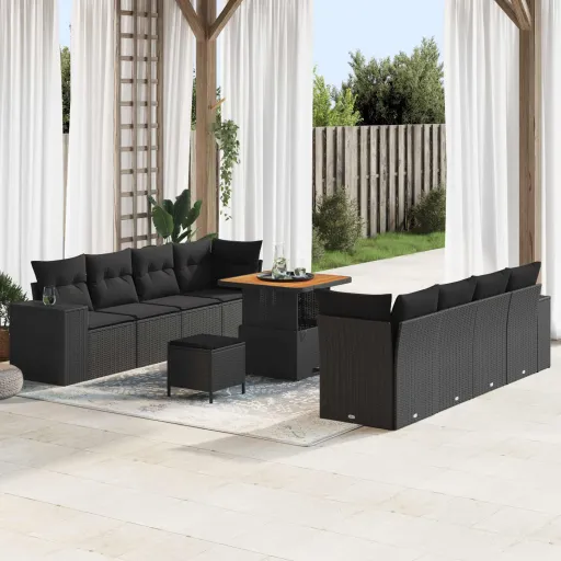 Conjunto de Sofá de Jardim com Almofada   Preto Vime PE (11 pcs)