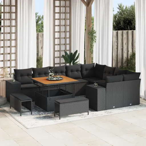 Conjunto de Sofá de Jardim com Almofada   Preto (12 pcs)