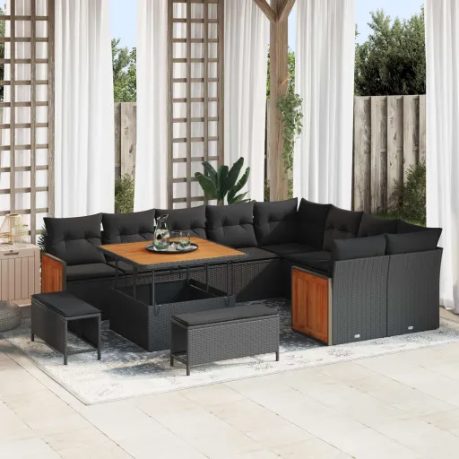 Conjunto de Sofá de Jardim com Almofada   Preto Vime PE (13 pcs)