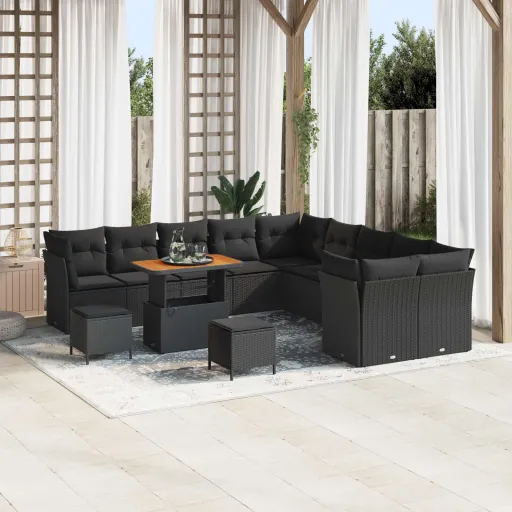 Conjunto de Sofá de Jardim com Almofada   Preto (13 pcs)