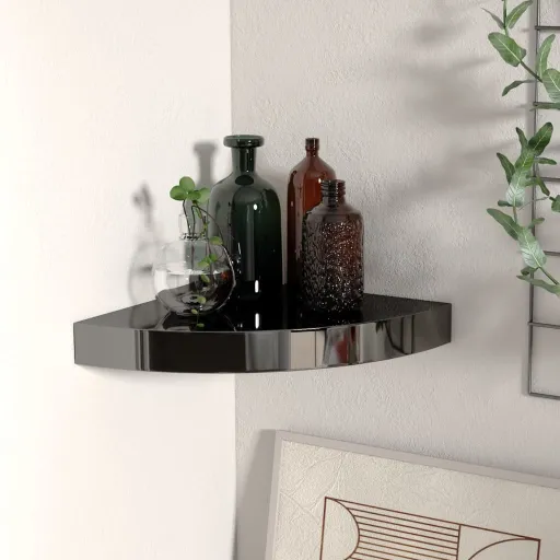 Prateleira de Canto Suspensa 25x25x3,8 cm MDF Preto Brilhante