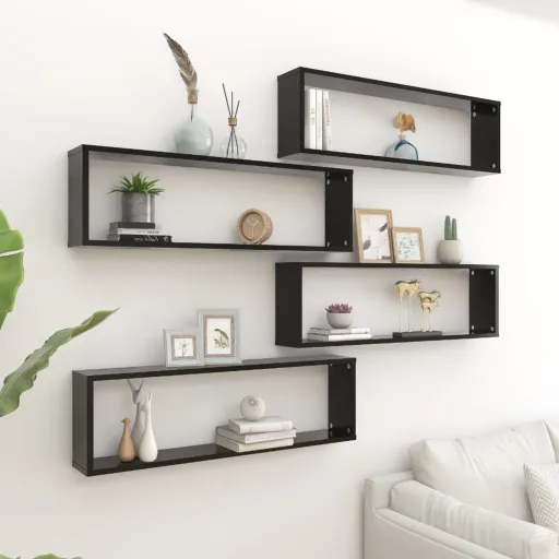 Prateleiras Parede Forma de Cubo   Derivados Madeira Preto (4 pcs)