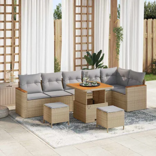 Conjunto de Sofá de Jardim   Bege Rattan Sintético (9 pcs)