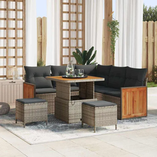 Conjunto de Sofá de Jardim com Almofada   Cinzeto Vime PE (9 pcs)