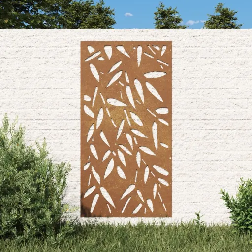 Decoração p/Muro Jardim 105x55cm Aço Corten Design Folhas Bambu