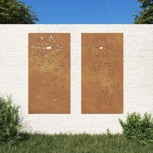 Decorações p/ Muro de Jardim   Aço Corten Design Flores (2 pcs)