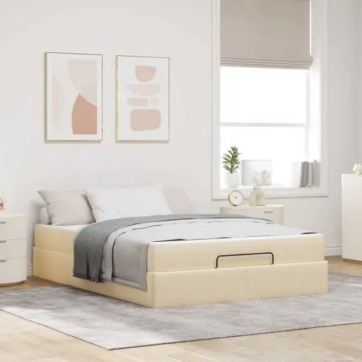 Estrutura de Cama com Colchão com Colchão   Creme Tecido (2 pcs)