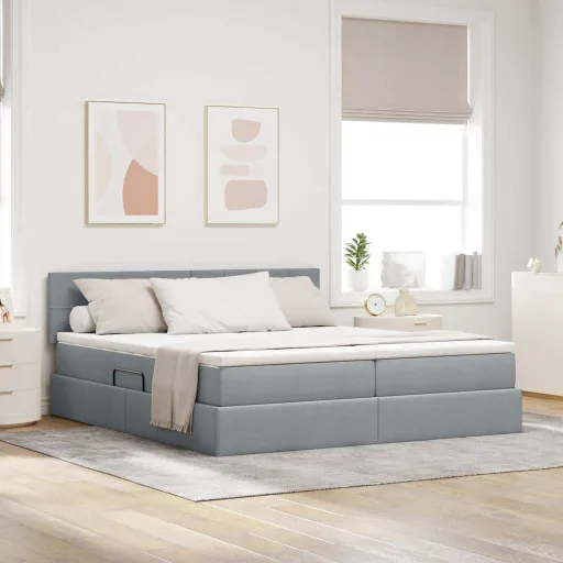 Cama com Armazenamento com Colchão Cinzento-Claro 200 x 200 cm