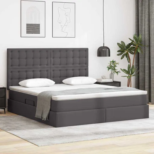 Cama com Arrumação e LED Cinzeto 160 x 200 cm Couro Sintético