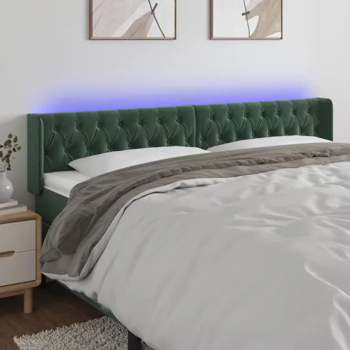 Cabeceira Cama c/ Luzes LED Veludo 183x16x78/88 cm Verde-Escuro