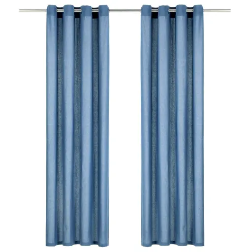 Cortinas com Argolas de Metal   Algodão 140x225 cm Azul (2 pcs)