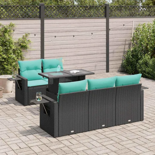 Conj. Sofás Jardim c/ Almofadões Vime PE/Acácia Preto (6 pcs)