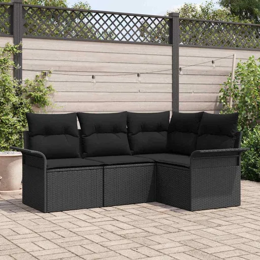 Conjunto de Sofá de Jardim   Preto Vime PE (4 pcs)