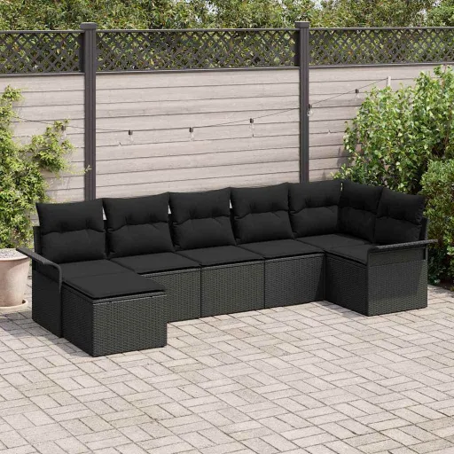 Conjunto de Sofá de Jardim   Preto Vime PE (7 pcs)