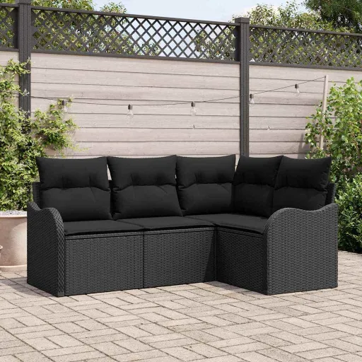 Conjunto de Sofá de Jardim   Preto Vime PE (4 pcs)