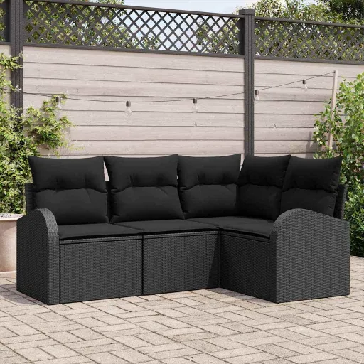 Conjunto de Sofá de Jardim com Almofada   Preto Vime PE (4 pcs)