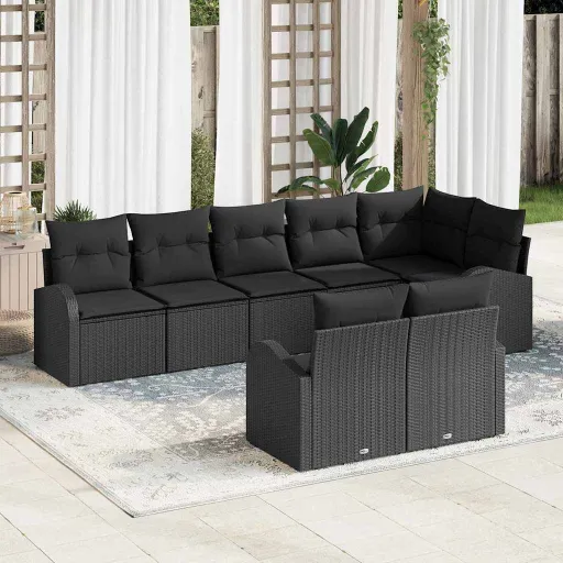 Conjunto de Sofá de Jardim com Almofada   Preto Vime PE (8 pcs)