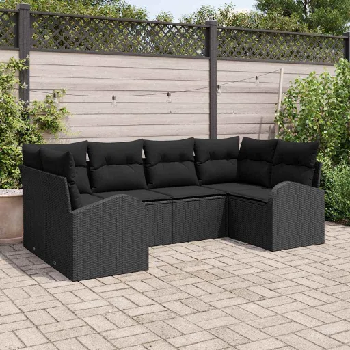 Conjunto de Sofá de Jardim com Almofada   Preto Vime PE (6 pcs)