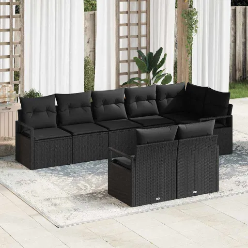 Conjunto de Sofá de Jardim com Almofada   Preto Vime PE (8 pcs)