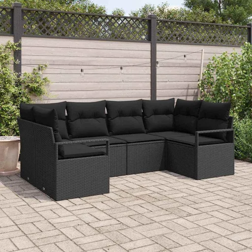 Conjunto de Sofá de Jardim com Almofada   Preto Vime PE (6 pcs)
