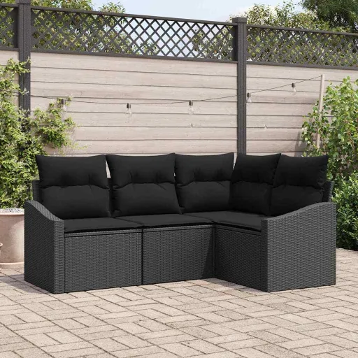 Conjunto de Sofá de Jardim com Almofada   Preto Vime PE (4 pcs)