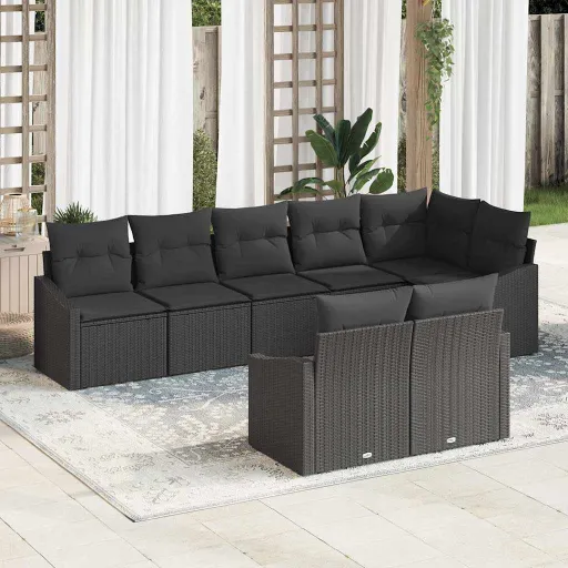 Conjunto de Sofá de Jardim com Almofada   Preto Vime PE (8 pcs)