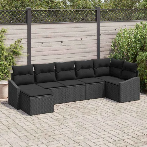 Conjunto de Sofá de Jardim com Almofada   Preto Vime PE (7 pcs)
