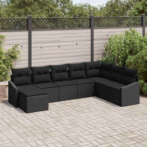 Conjunto de Sofá de Jardim com Almofada   Preto Vime PE (8 pcs)