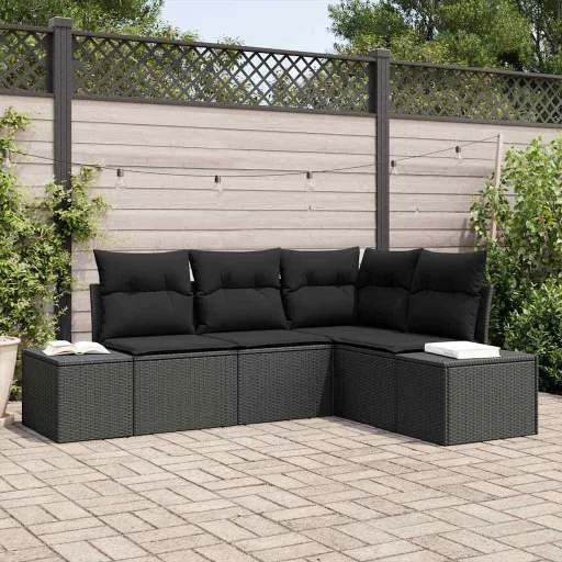 Conjunto de Sofá de Jardim   Preto Vime PE (4 pcs)