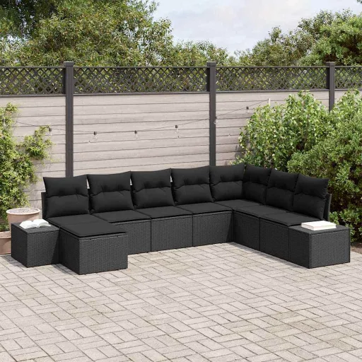 Conjunto de Sofá de Jardim com Almofada   Preto Vime PE (8 pcs)
