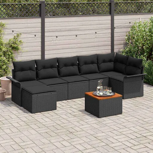 Conjunto de Sofá de Jardim   Preto Vime PE (8 pcs)