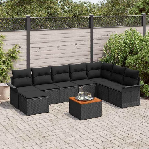 Conjunto de Sofá de Jardim   Preto Vime PE (9 pcs)