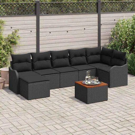 Conjunto de Sofá de Jardim   Preto Vime PE (8 pcs)