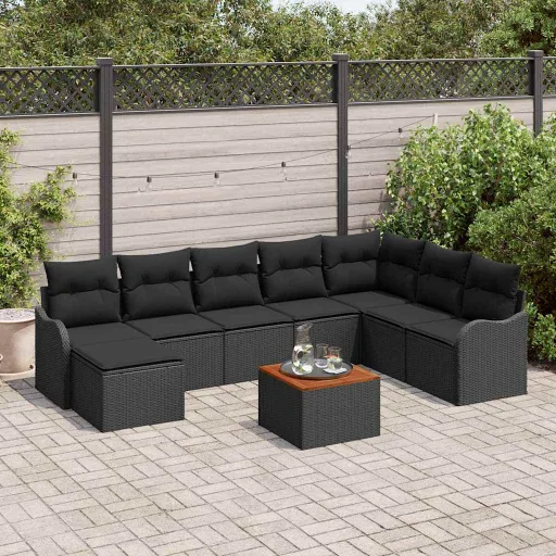 Conjunto de Sofá de Jardim   Preto Vime PE (9 pcs)