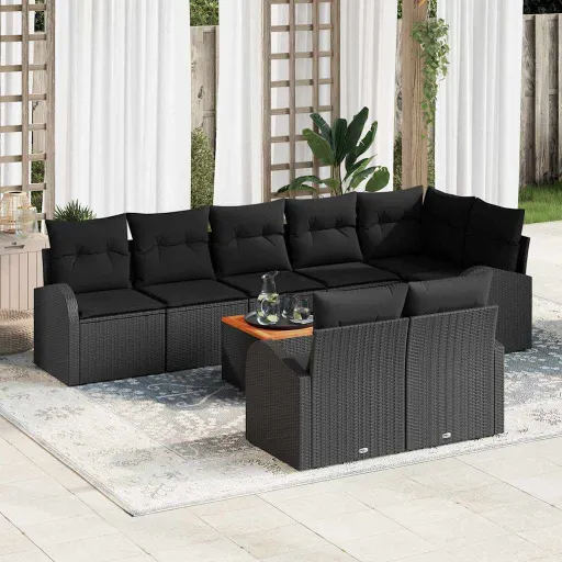 Conjunto de Sofá de Jardim   Preto Vime PE (9 pcs)