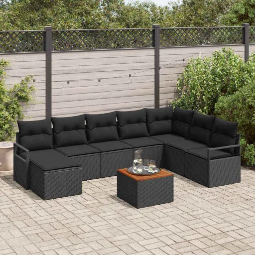Conjunto de Sofá de Jardim   Preto Vime PE (9 pcs)