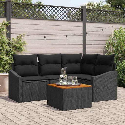 Conjunto de Sofá de Jardim   Preto Vime PE (5 pcs)