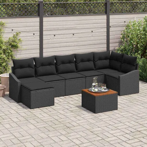 Conjunto de Sofá de Jardim   Preto Vime PE (8 pcs)