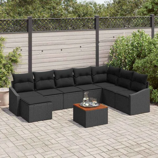 Conjunto de Sofá de Jardim   Preto Vime PE (9 pcs)