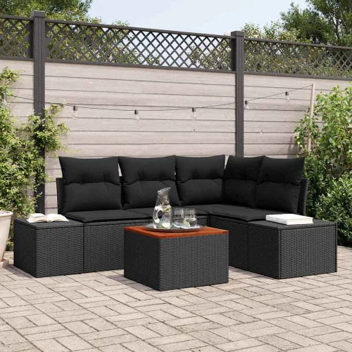 Conjunto de Sofá de Jardim   Preto Vime PE (5 pcs)