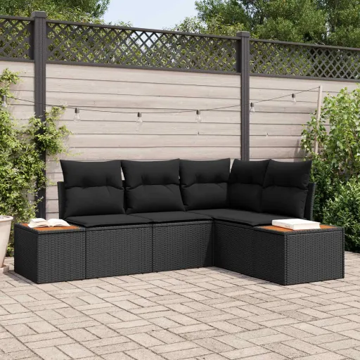 Conjunto de Sofá de Jardim com Almofada   Preto Polirattan (4 pcs)