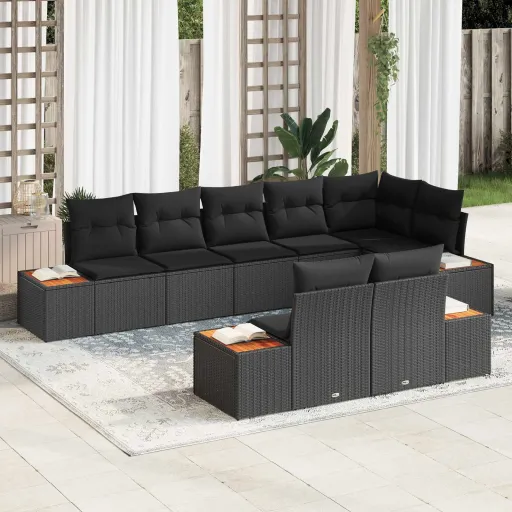 Conjunto de Sofá de Jardim com Almofada   Preto Polirattan (8 pcs)