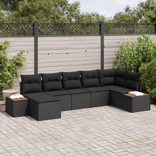 Conjunto de Sofá de Jardim com Almofada   Preto Polirattan (8 pcs)