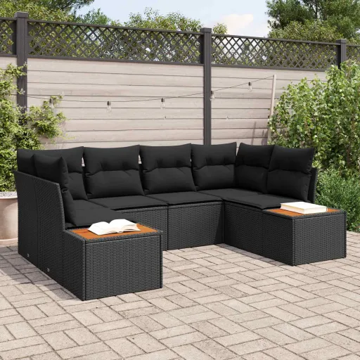 Conjunto de Sofá de Jardim com Almofada   Preto Polirattan (6 pcs)