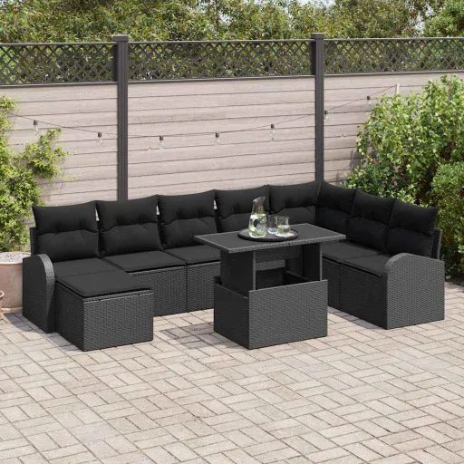 Conjunto de Sofá de Jardim   Preto Rattan Sintético (9 pcs)