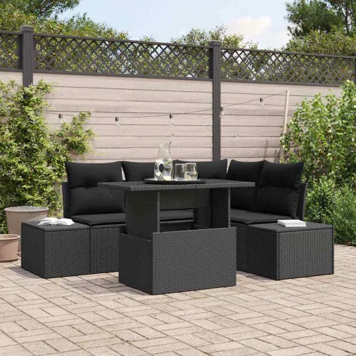 Conjunto de Sofá de Jardim com Almofada   Preto Vime PE (5 pcs)