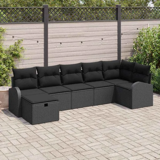 Conjunto de Sofá de Jardim com Almofada   Preto Vime PE (7 pcs)