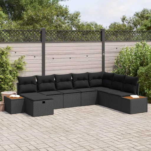 Conjunto de Sofá de Jardim com Almofada Preto Vime PE
