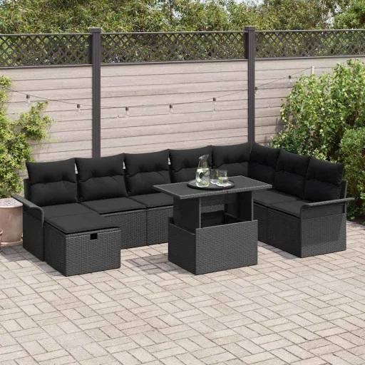 Conjunto de Sofá de Jardim   Preto Rattan Sintético (9 pcs)